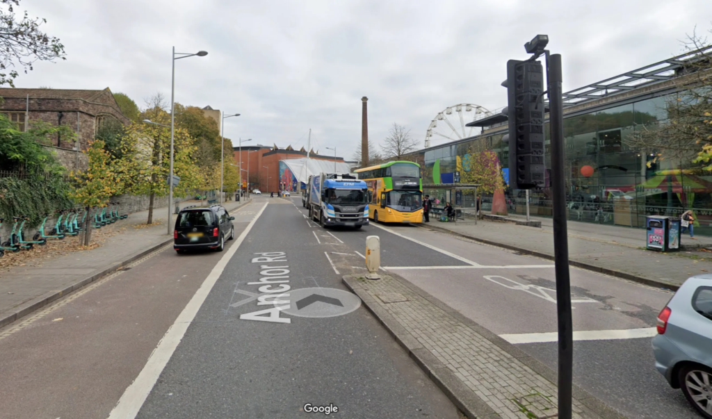 Anchor Road in Bristol (Image: Google Street View) - Route A, with busy traffic and more carriageway than pavement.