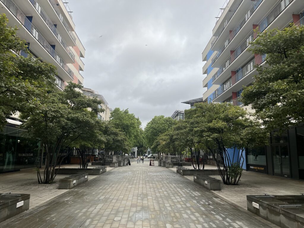 Cathedral Walk in Bristol (Image: Tranquil City Ltd) - Last section of Route B, a tree-lined pedestrianised street with outdoor seating, and cafes and restaurants.
